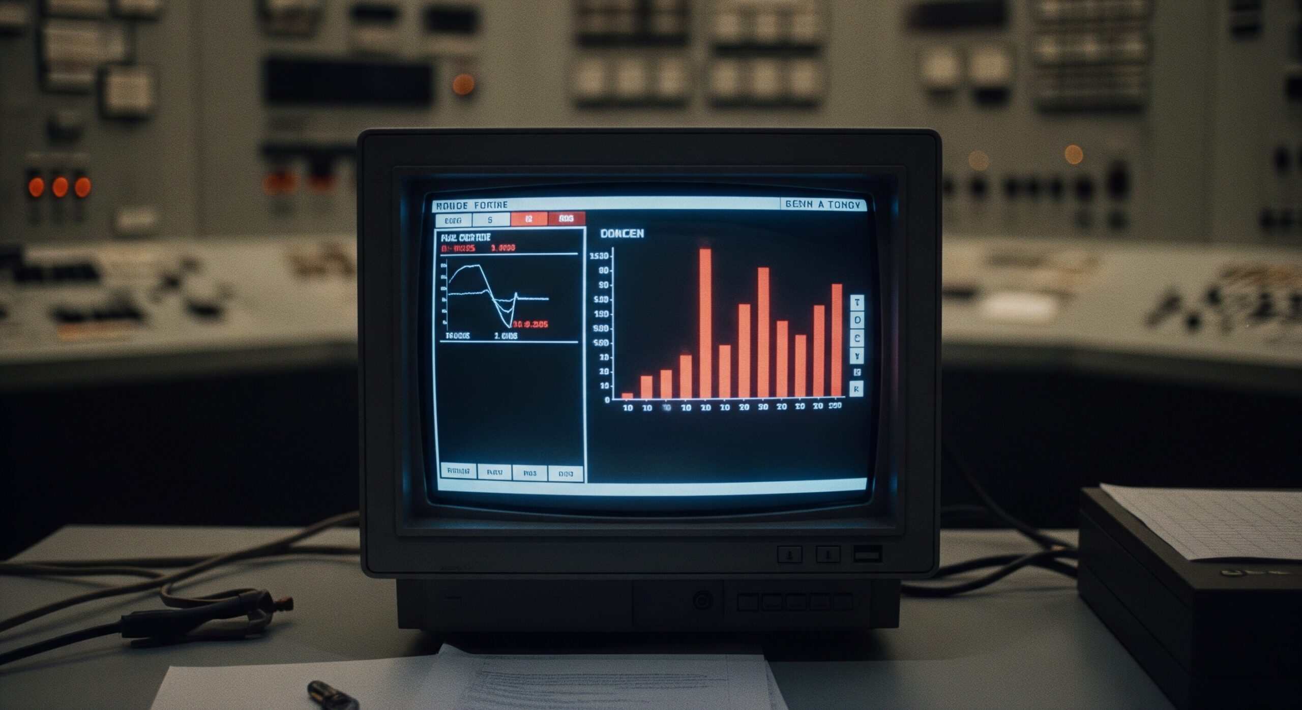 An outdated CRT monitor, isolated on a desk in a blurred nuclear facility, starkly illuminates the scene with critical red bar graphs, a silent 80s relic signaling an urgent, unseen crisis.