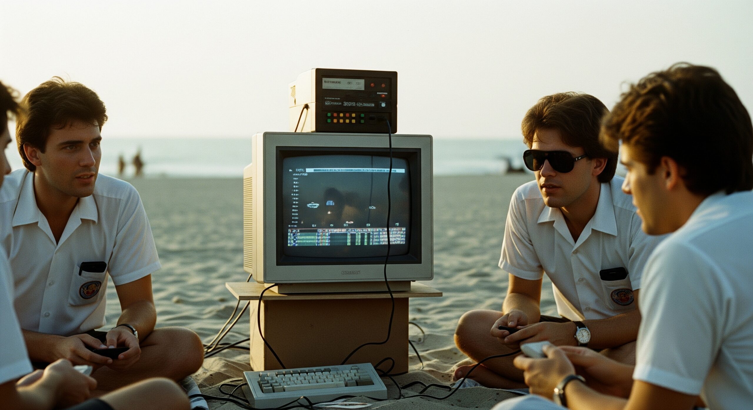 Lazy programmers in 1980s white button-down short sleeve shirts, with pocket protectors, sitting lazily playing video games on a beach, with a large CRT monitor