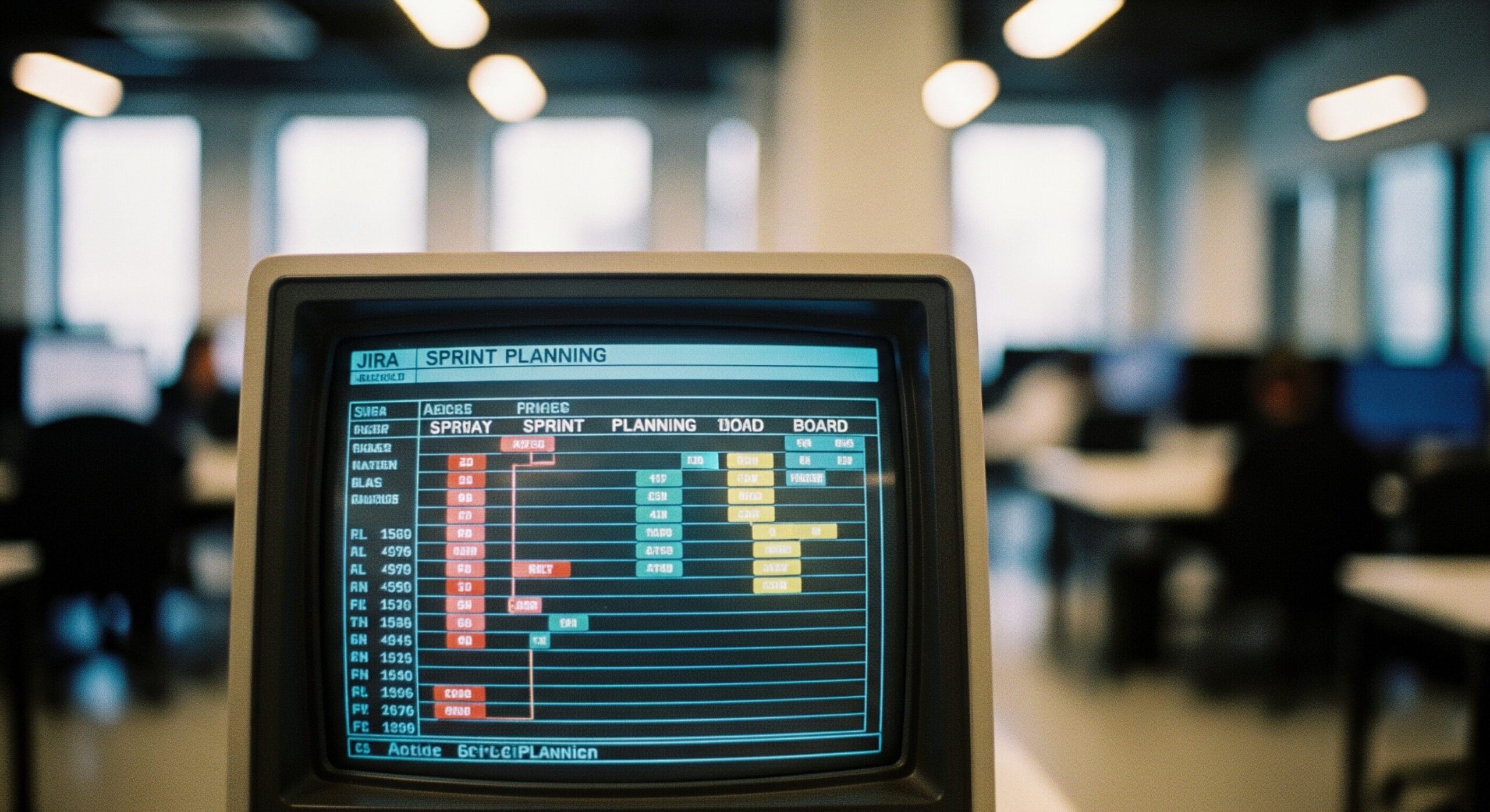 A grainy, retro photograph shows an old 1980s computer monitor displaying a crude, glowing sprint planning board resembling an early version of Jira. The vintage screen sits starkly in a sleek, modern tech office, subtly suggesting a startup's anachronistic, yet highly calculated, approach to achieving its expansive goals.